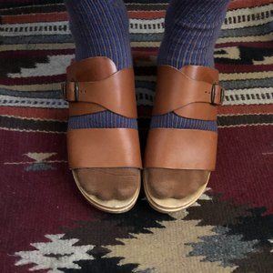 No. 6 wide leather strap wedge clog sandals